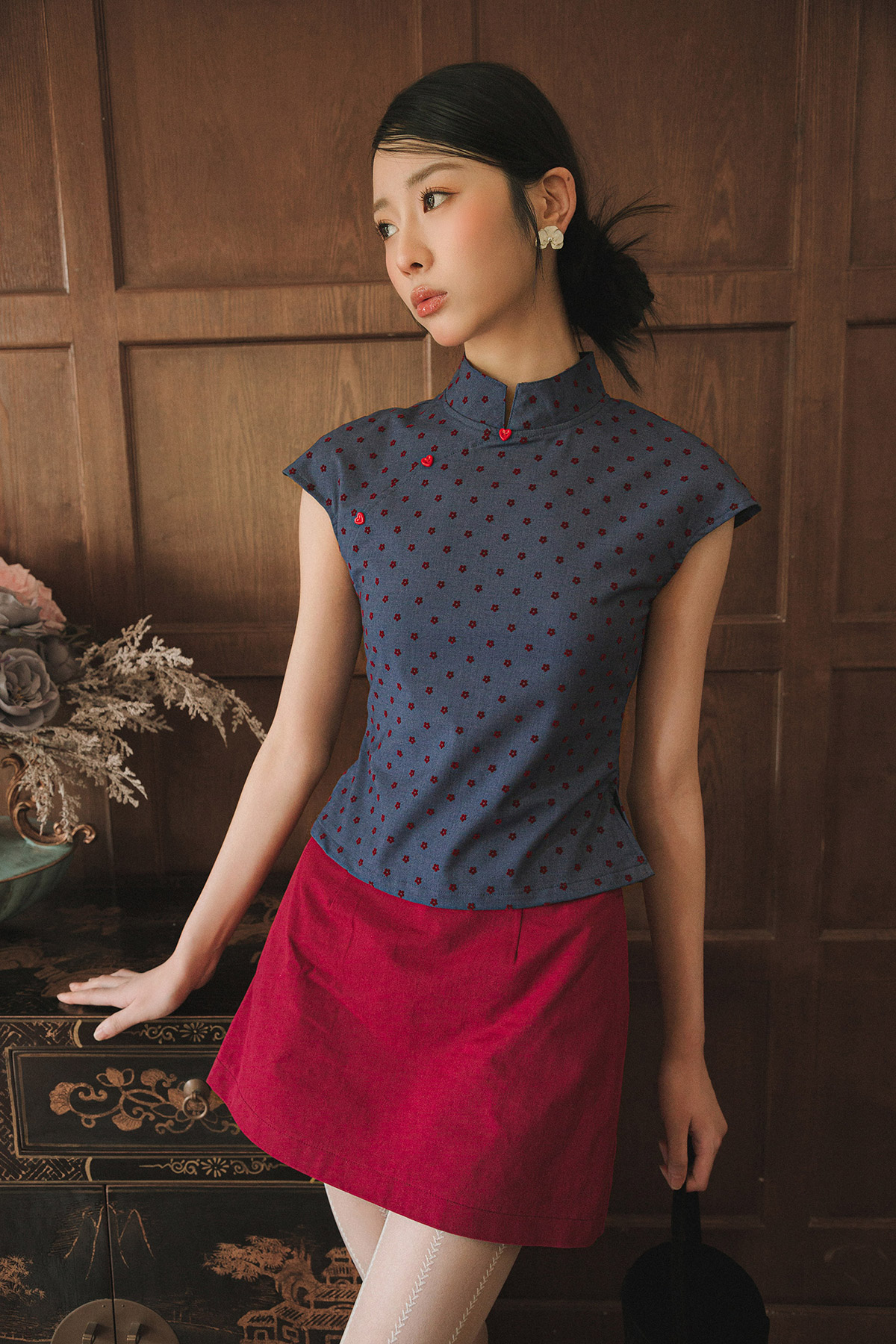 *BACKORDER* QIN CHEONGSAM TOP - CRIMSON BLOOM [BY MODPARADE]