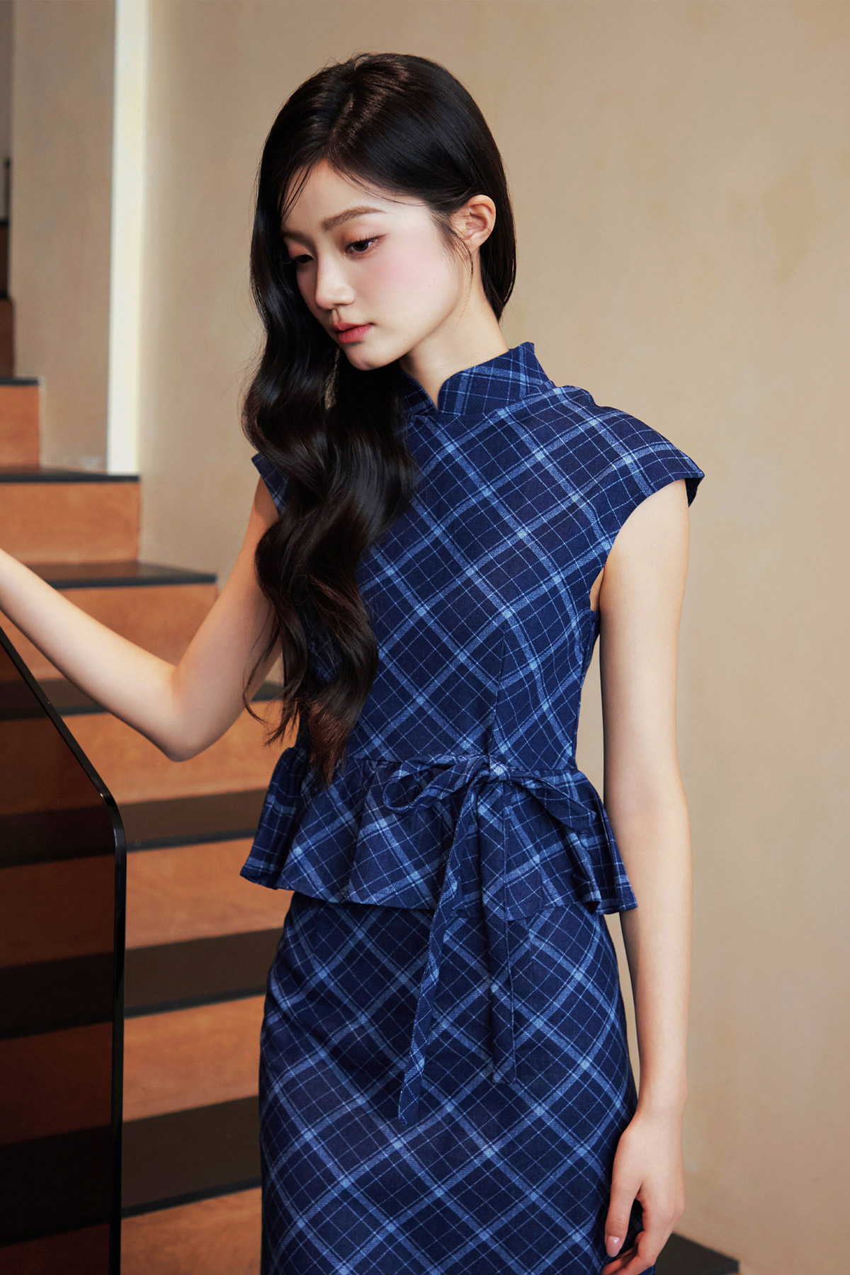 FAN CHEONGSAM TOP - INDIGO CHECK [BY MODPARADE]