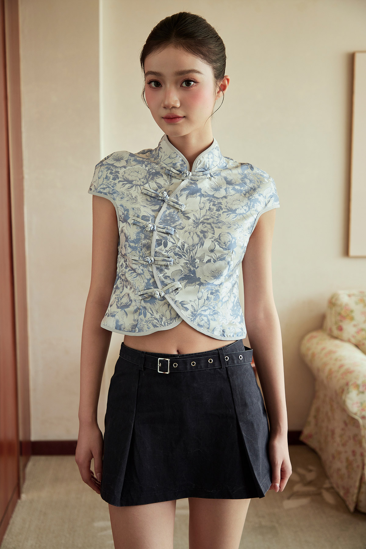 YIMU CHEONGSAM TOP - SILVER PEONY [BY MODPARADE]