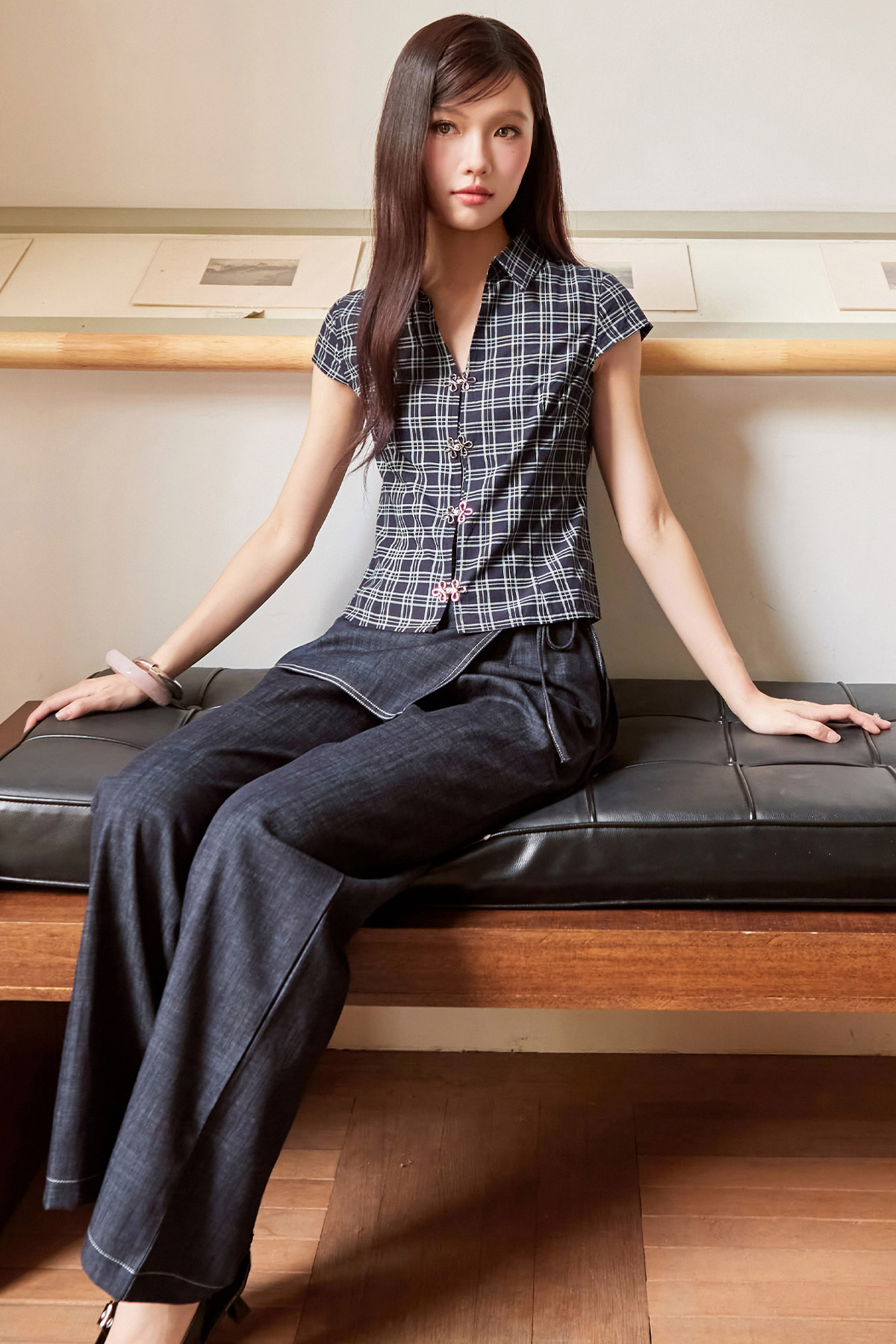 MELAINE TOP - NAVY GRID