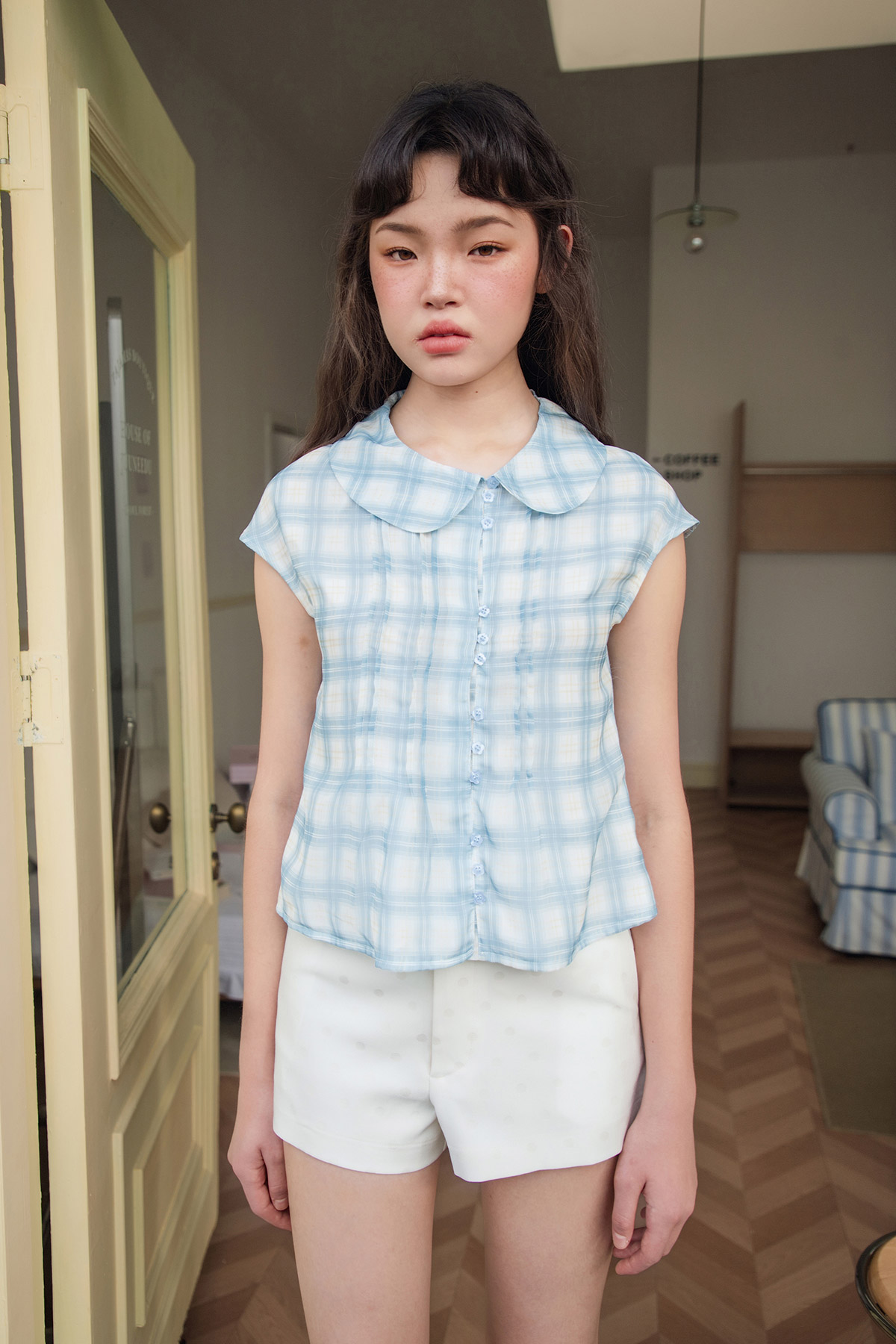 MARLOWE TOP - BLUE CHECKS