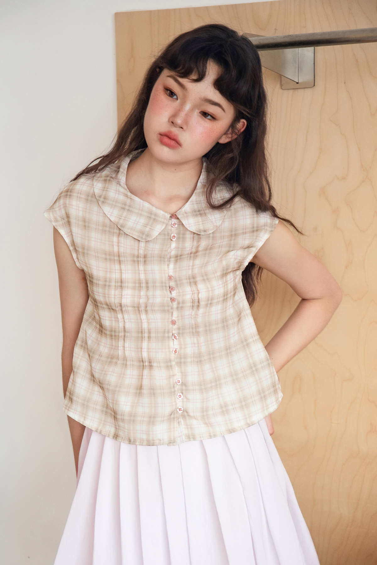 MARLOWE TOP - MOCHA CHECKS